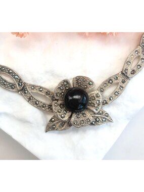 Marcasite & Onyx Floral Vintage Art Deco Sterling Silver 925 Pendant Necklace